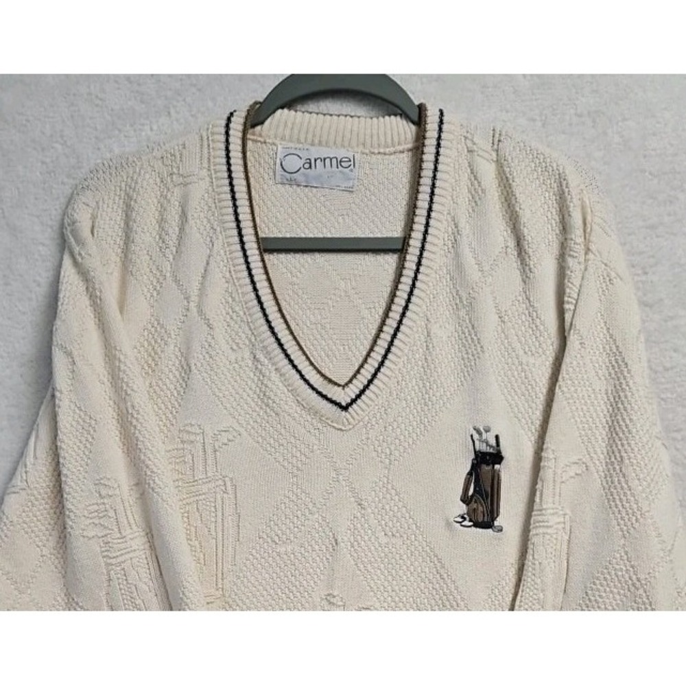 Vintage Camel Men Lg V Neck Golf Sweater 1990s Knit All Over Print Preppy White